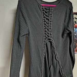 Black Textured Long Sleeve Top with Lace-Up Detail